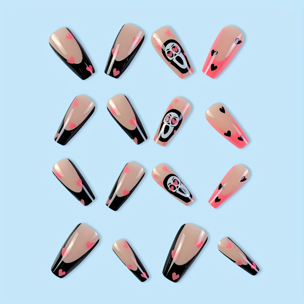 Glossy Long Square Fake Nails Black French Tip Press On - Temu