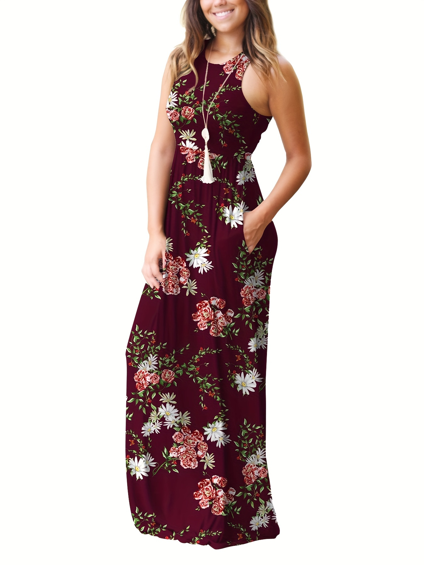 Floral Print Pocket Dress Sleeveless Floor Length Tank Dress