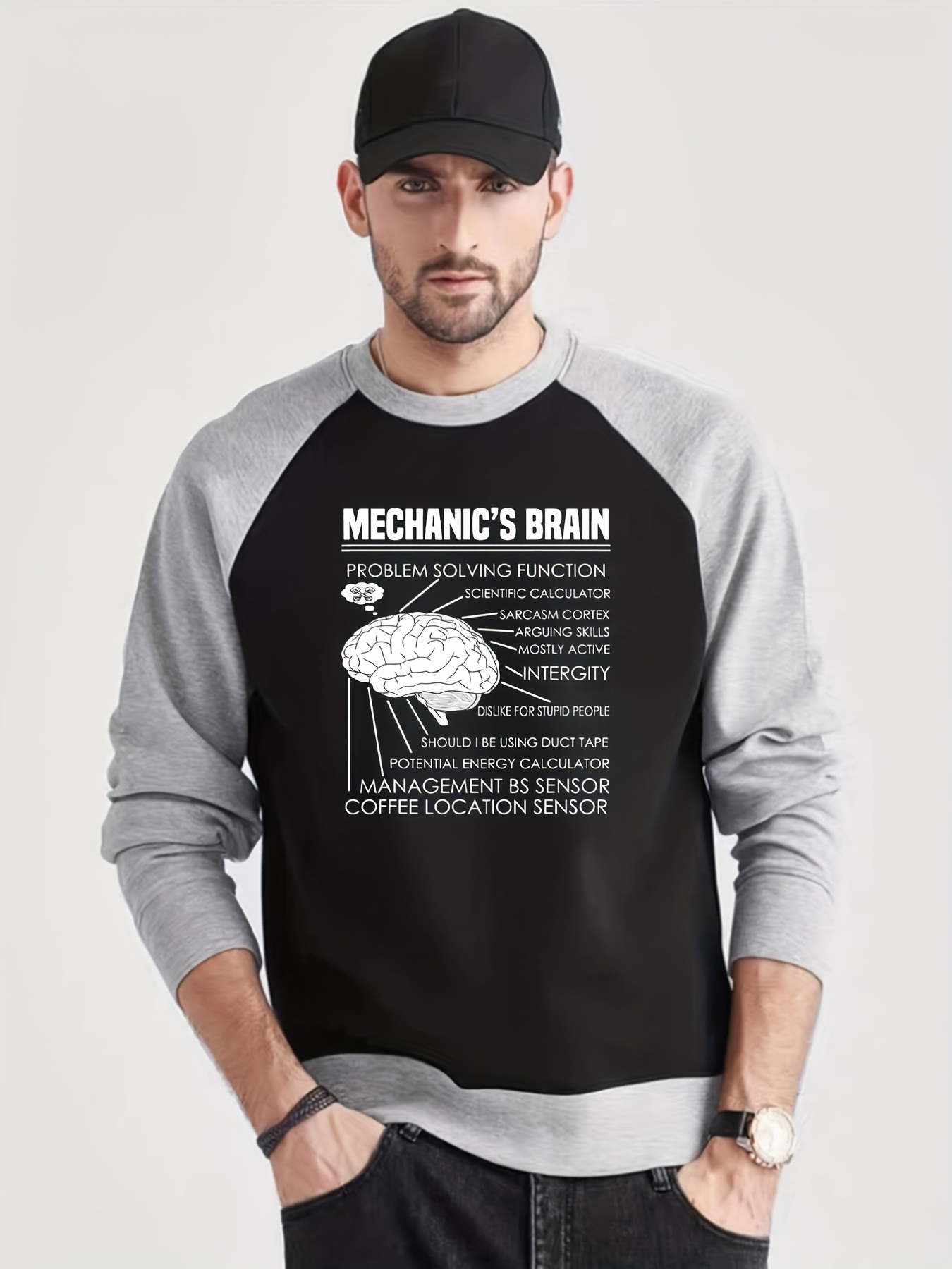 Brain Print Sweatshirt Mens Casual Color Block Raglan Sleeve