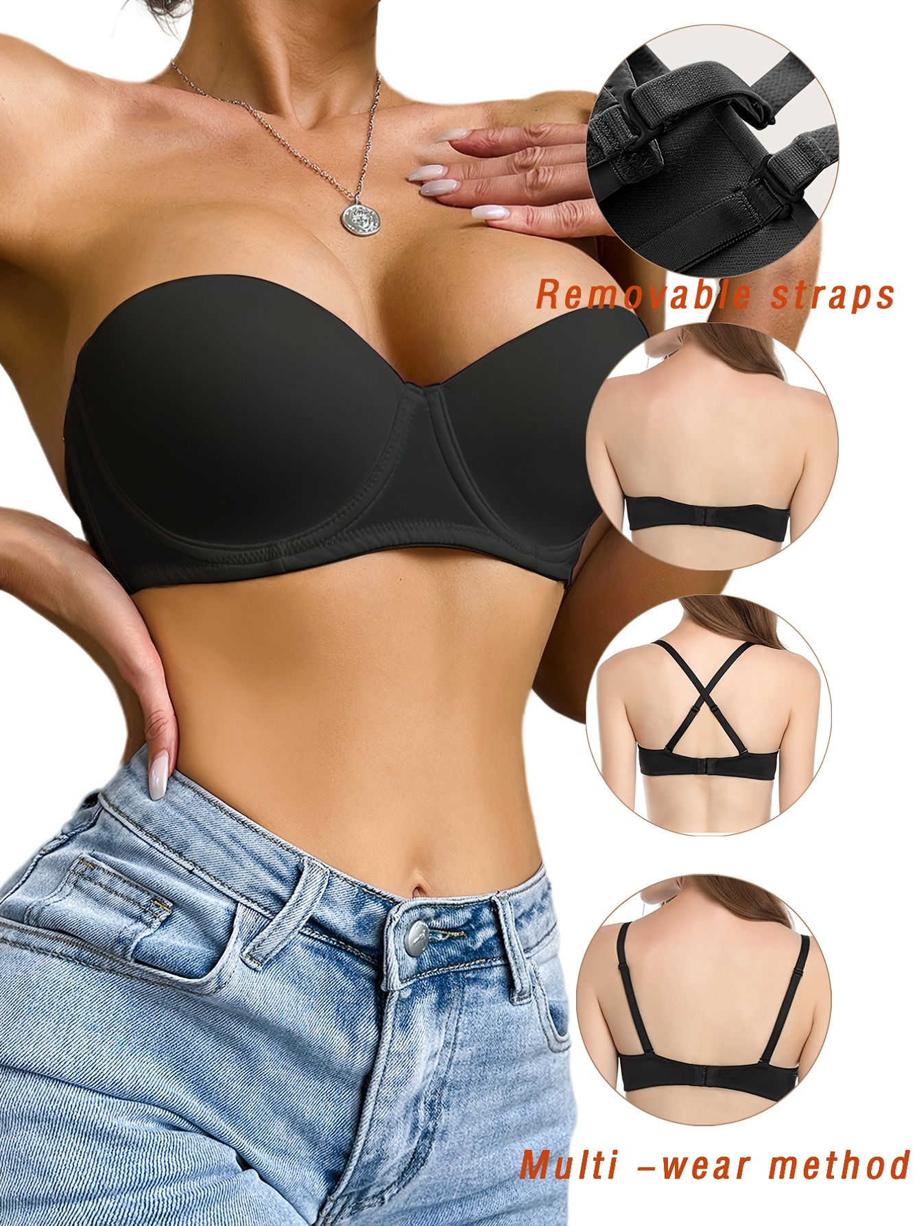 Strapless Convertible Push Up Bra Front Buckle Non-Slip Invisible Underwear  Heavily Padded Lift Up Supportive Add Two Cup Multiway T-shirt Bras 