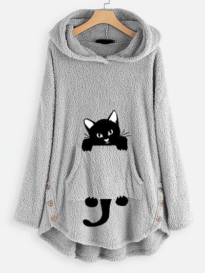 Plus Size Cartoon Cat Print Hoodie Fuzzy Sweatshirt, Women's Plus Pocket Pullover Casual Fuzzy Sweatshirt