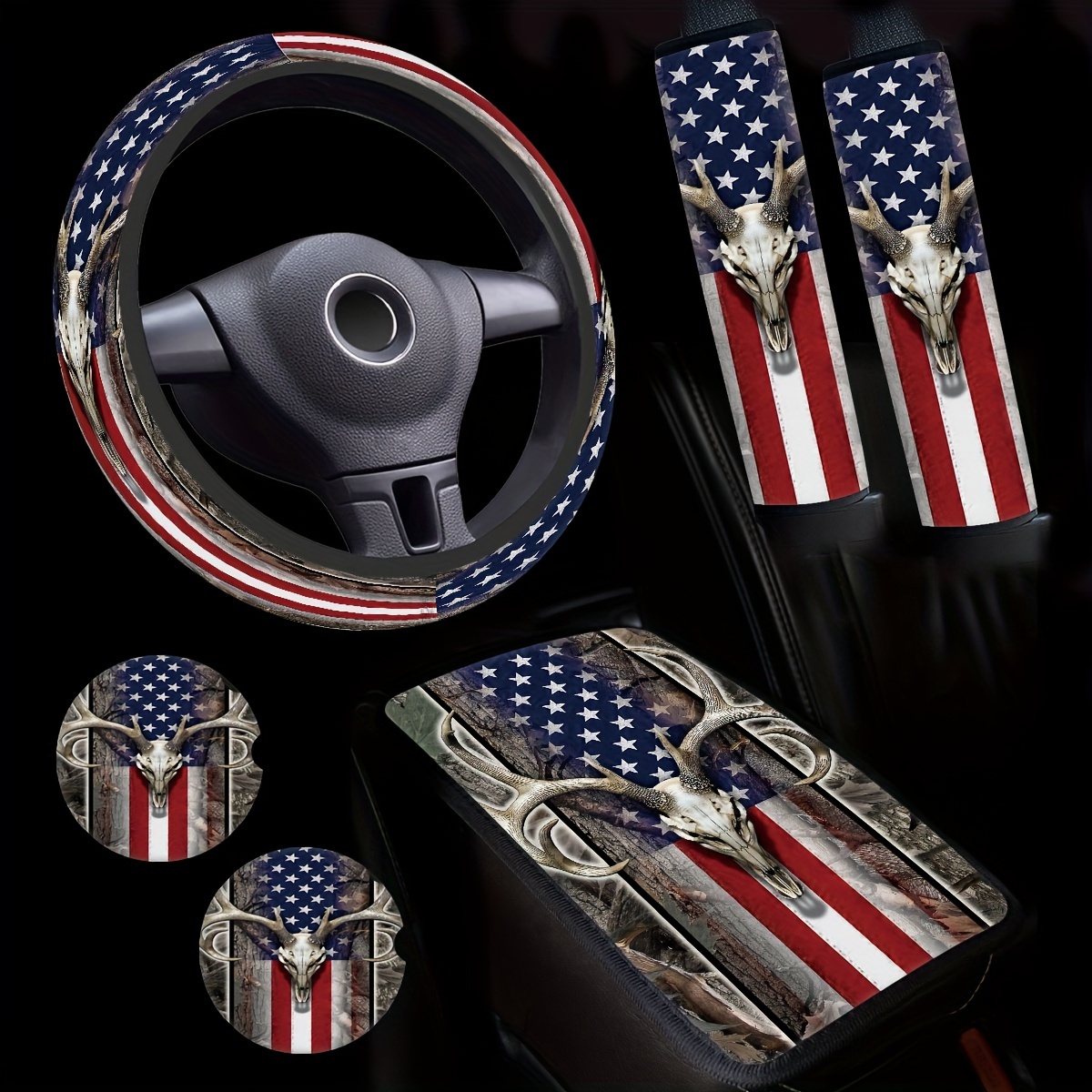 10pcs American Flag Wood Deer Skull Camo Print Car Accessories Set 4th Of  July Patriotic Car Accessories, Shop Now For Limited-time Deals