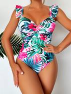 tropical floral leaf print ruffle trim one piece swimsuit twist high cut stretchy v neck bathing suit womens swimwear clothing