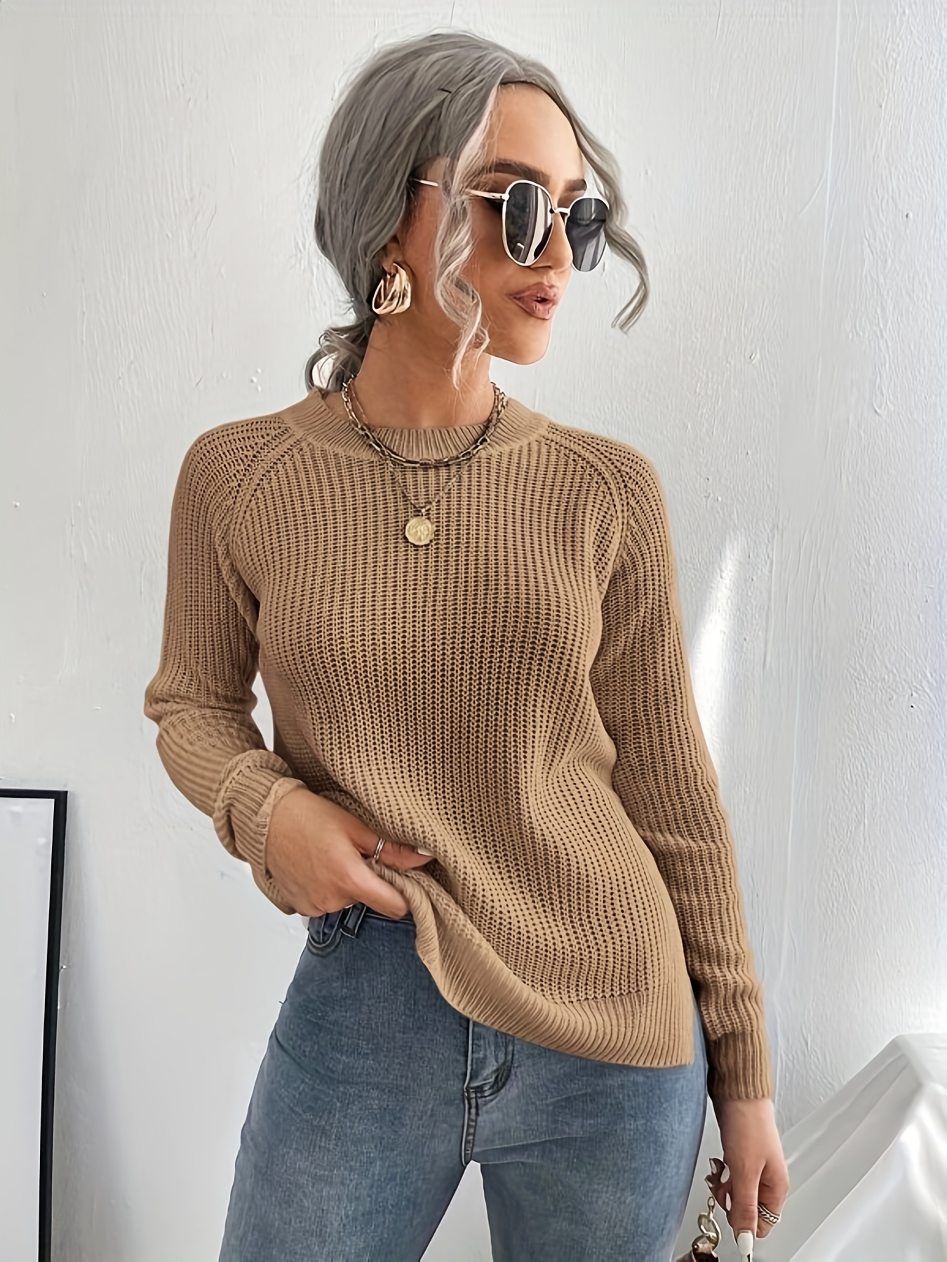 Solid Crew Neck Tied Side Sweater, Casual Long Sleeve Sweater For Spring &  Fall, Women's Clothing