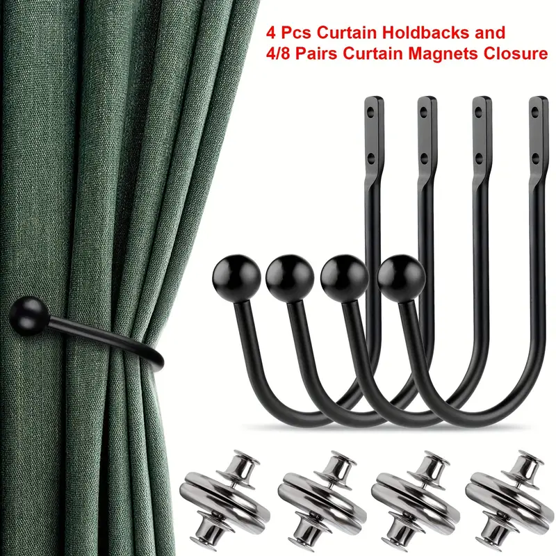 1 Set Of 4pcs Curtain Holdbacks And 4/8 Pairs Curtain Magnets Closure For  Home Bedroom Office Curtain Draperies Living Room Home Decor