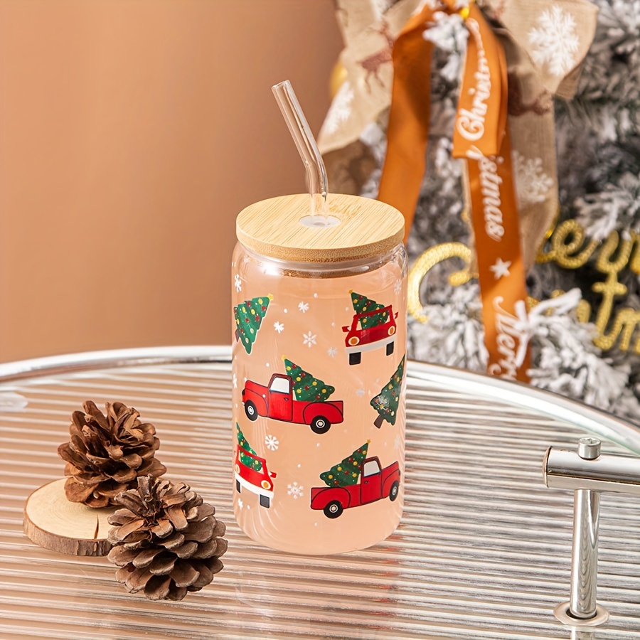 Ice Coffee Cup With Bamboo Lid And Glass Straw Santa Claus - Temu