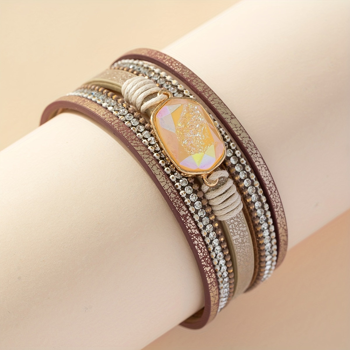 Boho Multicolor Leather Resin Rhinestone Bracelet