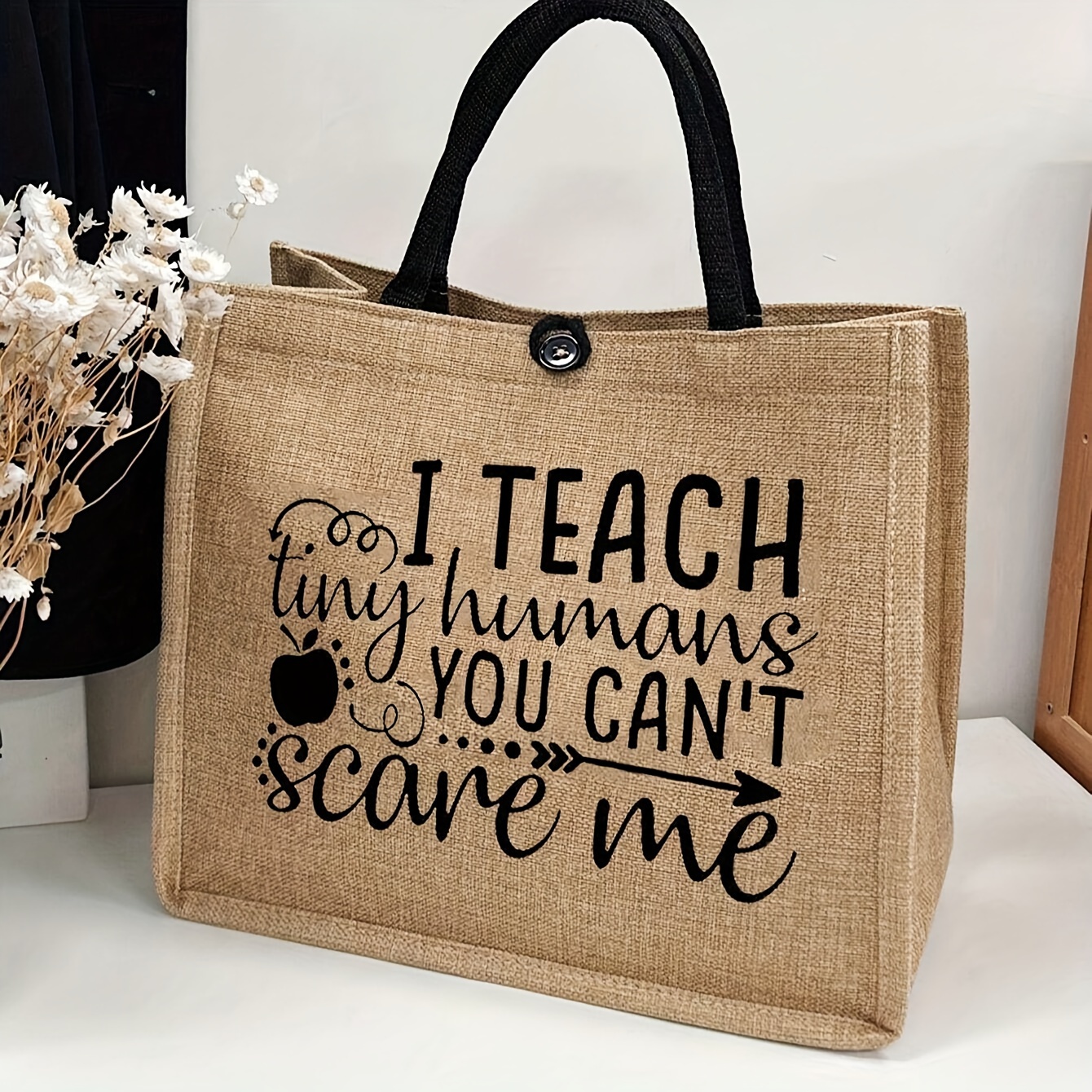 

Simple Letter Print Linen Tote Bag, Versatile Portable Tote Bag For Teacher, Teacher Appreciation Linen Bag, Gifts For Women, Teacher's Day Gift