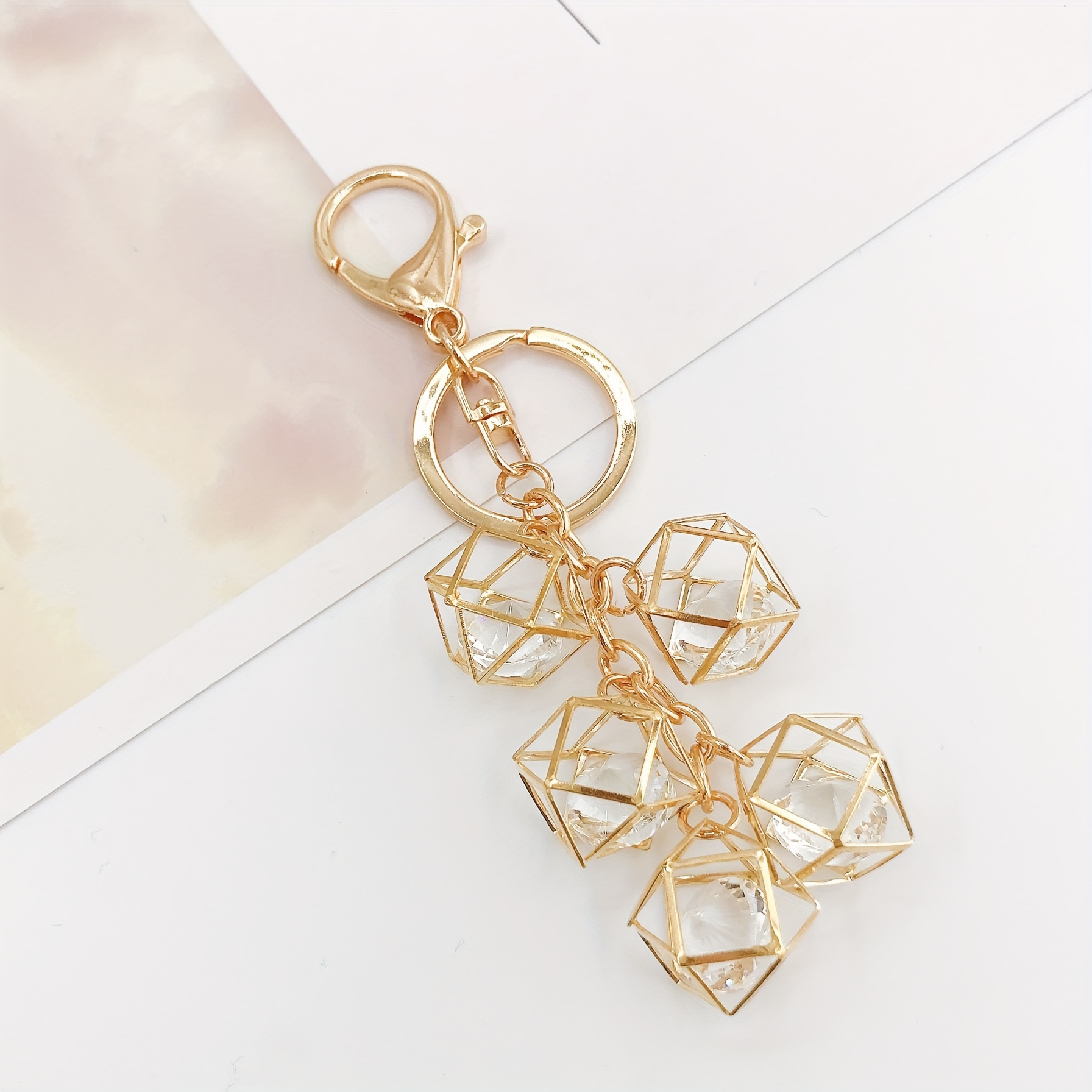 1pc Prismatic Golden Rhombus Keychain, Delicate , Perfect For Bag Charms & Daily