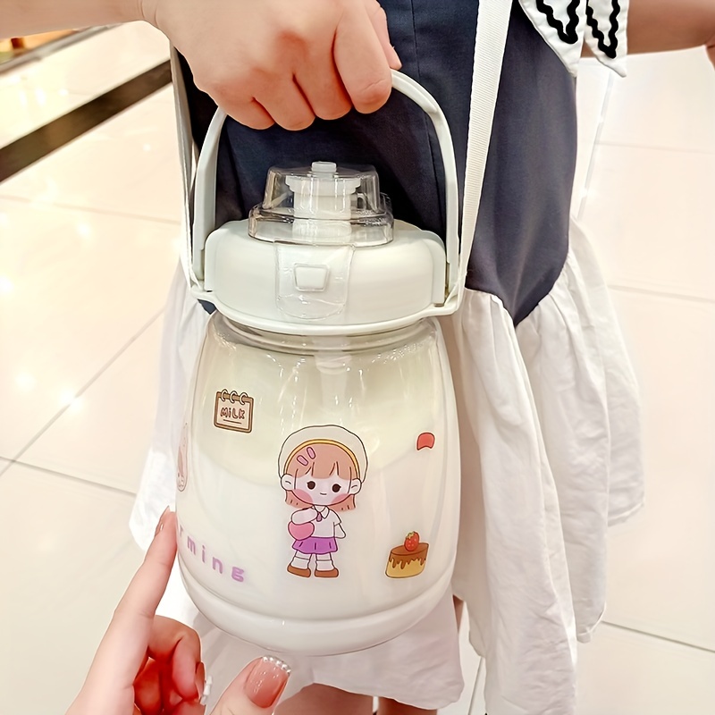 Large Kawaii Girls Water Bottle with Silicone Straw and 3D Stickers Cute  Aesthetic Milk Bottle With