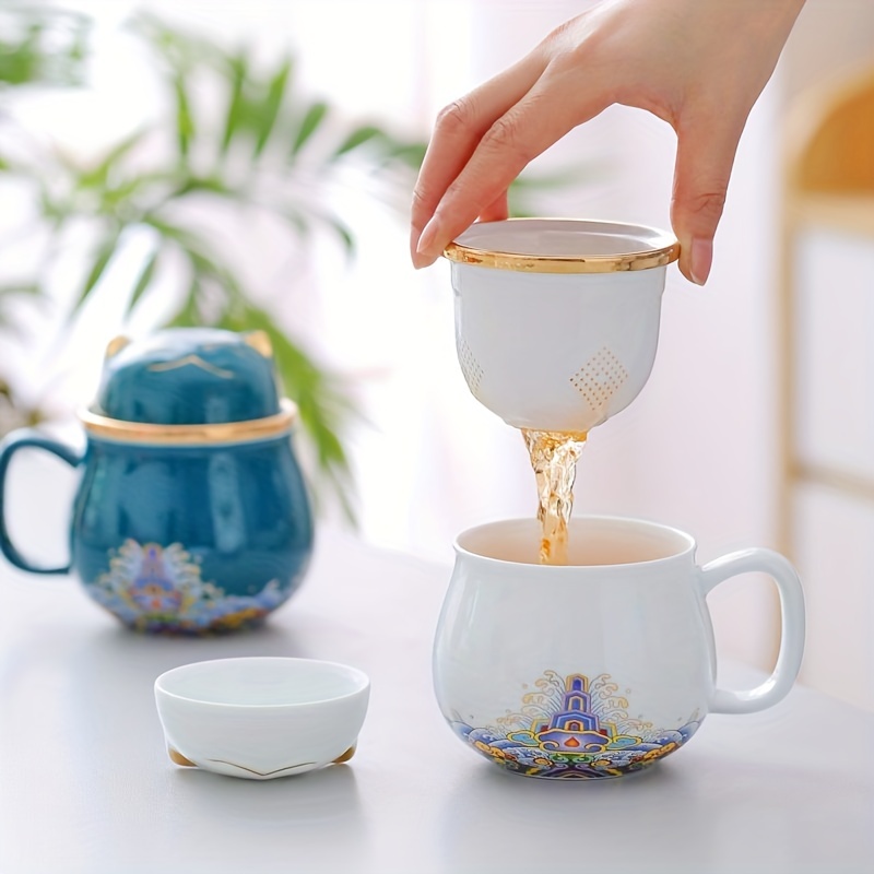 Cat Ceramic Tea Cup Cute Lid Filter Tea House Coffee - Temu
