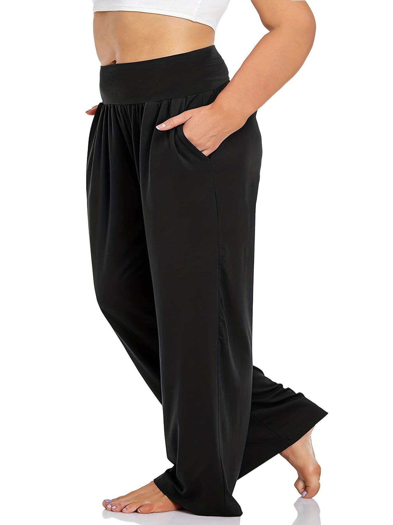 Plus Size Casual Pants Women's Plus Solid Wide Band Waist - Temu Canada
