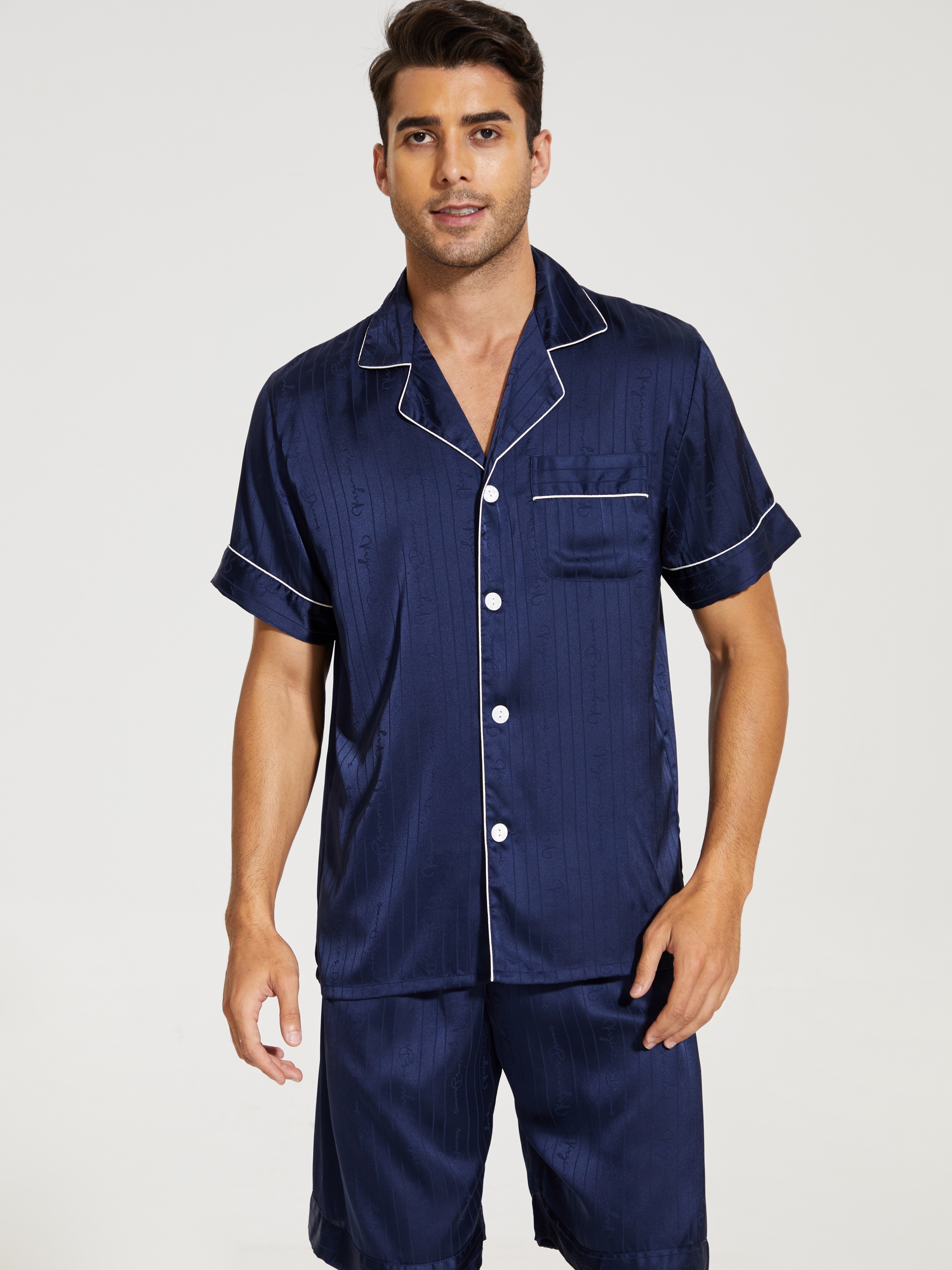 New Men's Satin Pajama Set Summer Casual Striped Button - Temu