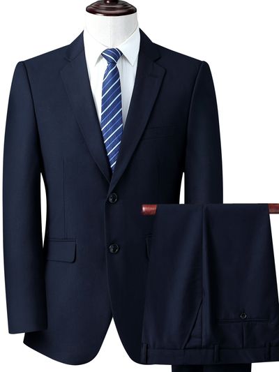 Solid Color Suit, Men's Two-button Rear Slit Business Suit + Suit Pants