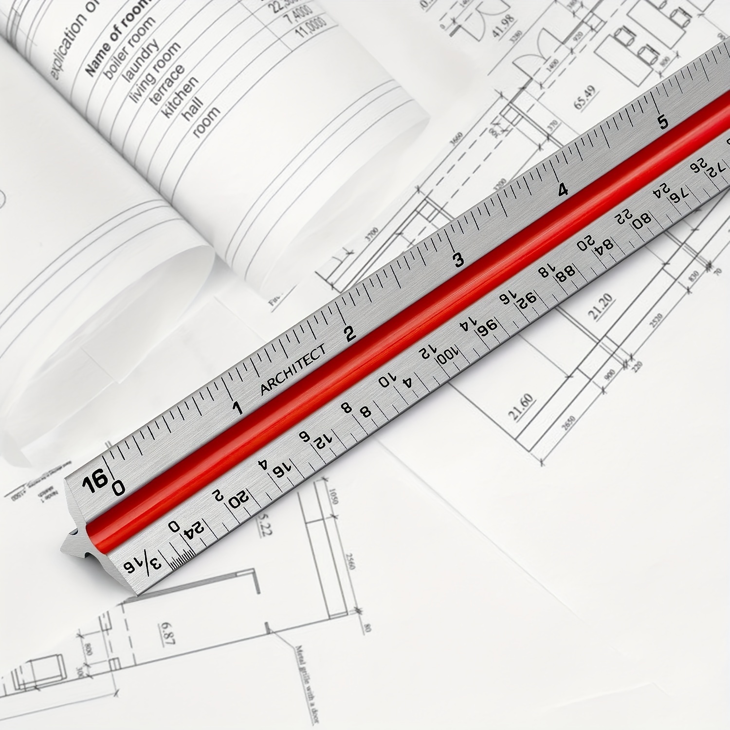 Triangular, Architectural, Aluminum Scale Ruler for Blueprint, Drafting,  Color-Coded, 12 Inches A. White