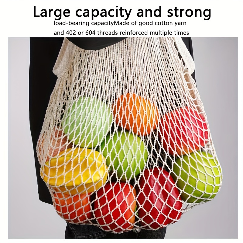 Cotton Mesh Bag With Long Handle Portable Woven Shopping Mesh Bag