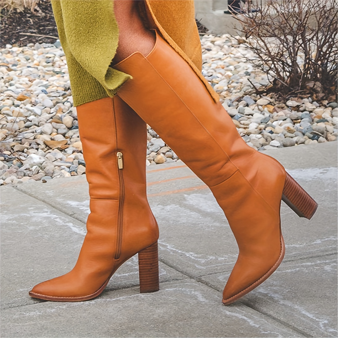 Tan leather knee high heeled clearance boots