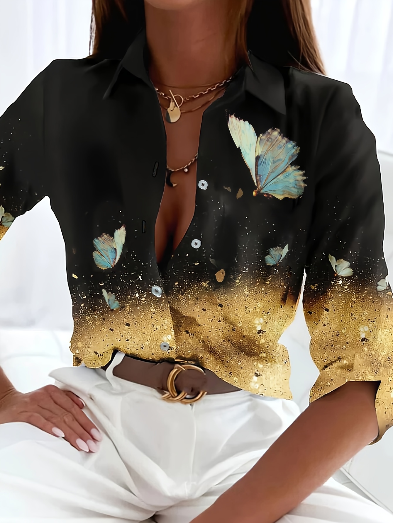 Košulja u boji s printom leptira, vintage bluza dugih rukava za proljeće i jesen, ženska odjeća