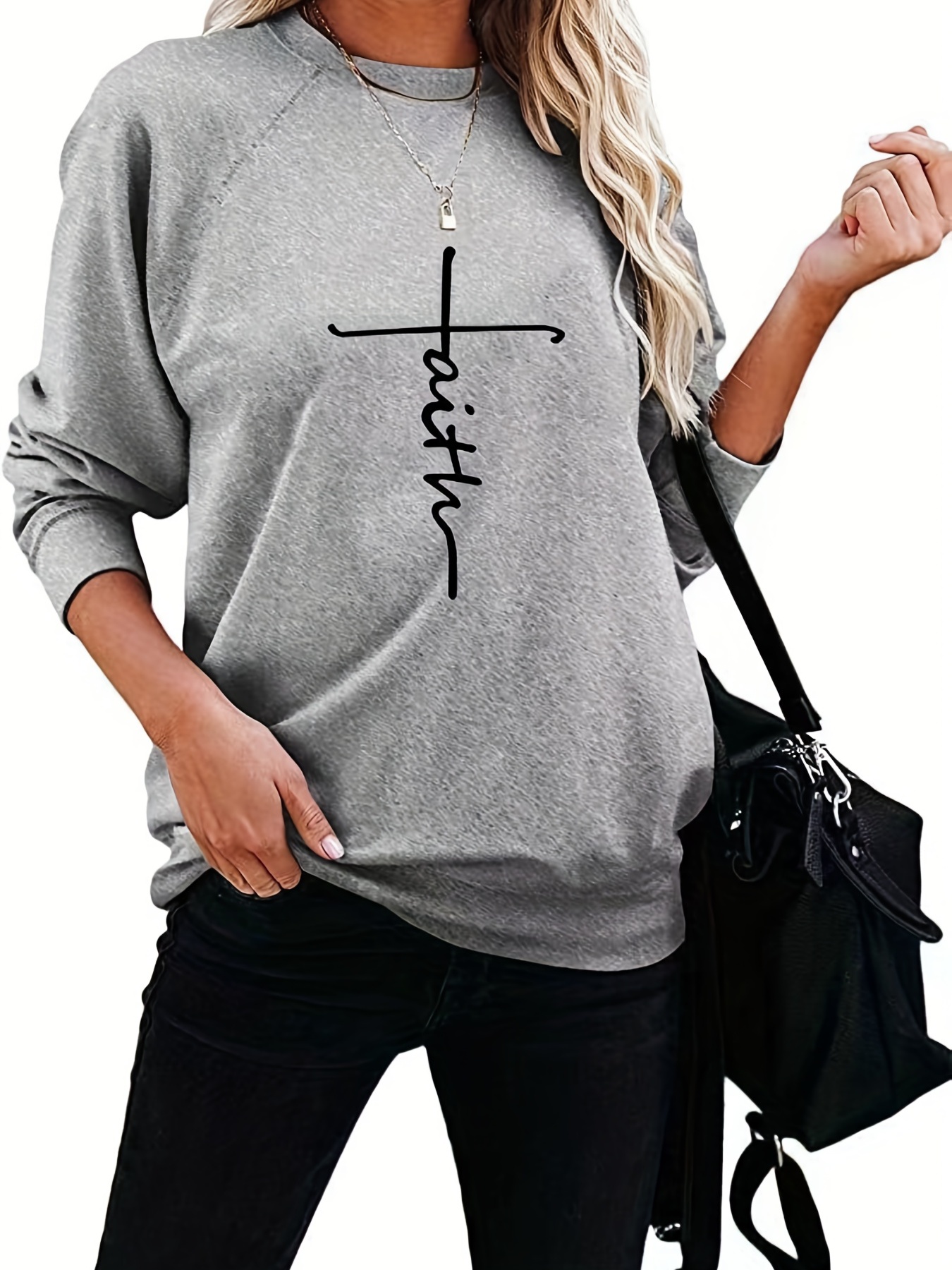 Letter Faith Print Pullover Sweatshirt Casual Long Sleeve - Temu