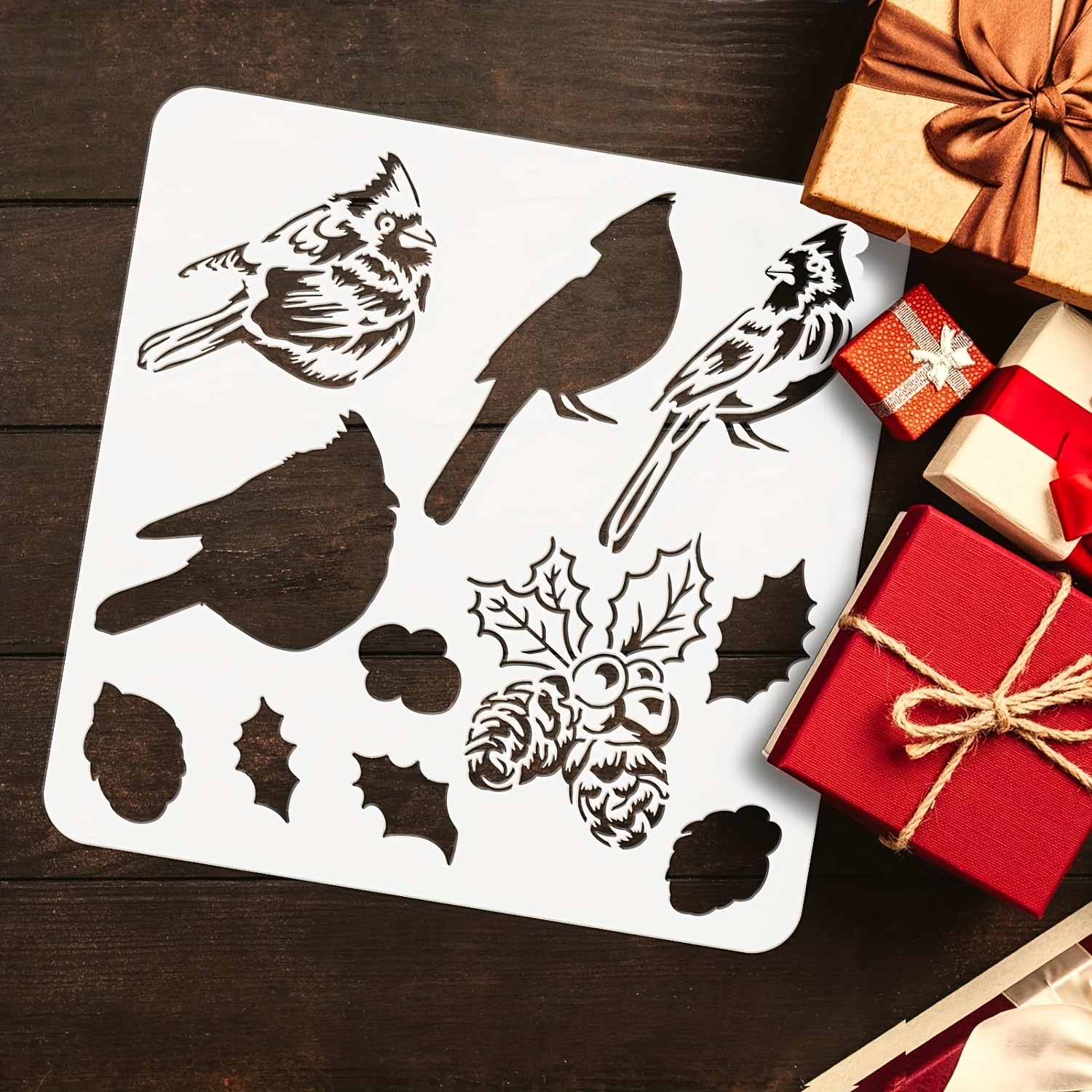 TEMU 1pc Lanyered And Holly Stencil For Painting 11.8x11.8inch Large Silhouette Painting Stencil Reusable Holly Leaves Drawing Template Christmas