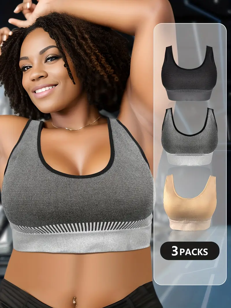3 Pack Plus Size Sports Bra Set, Women's Plus Striped Shockproof Skinny  Medium Stretch Running Gym Bra 3pcs Set