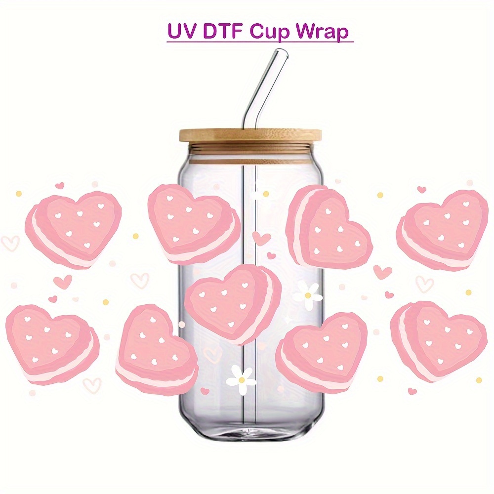 6pcs Donut Valentine's Day Cookie Heart Macaron Cake Valentine's Day Hearts  Design UV DTF Transfer Sticker For 16oz Libbey Glass Wrapping, Waterproof