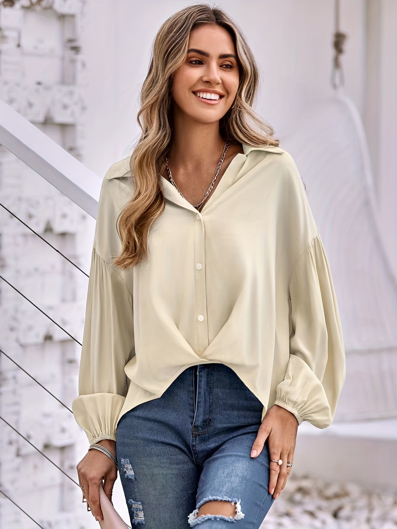 Women's Ruched Outfits Casual Long Sleeve Button Tops Solid - Temu
