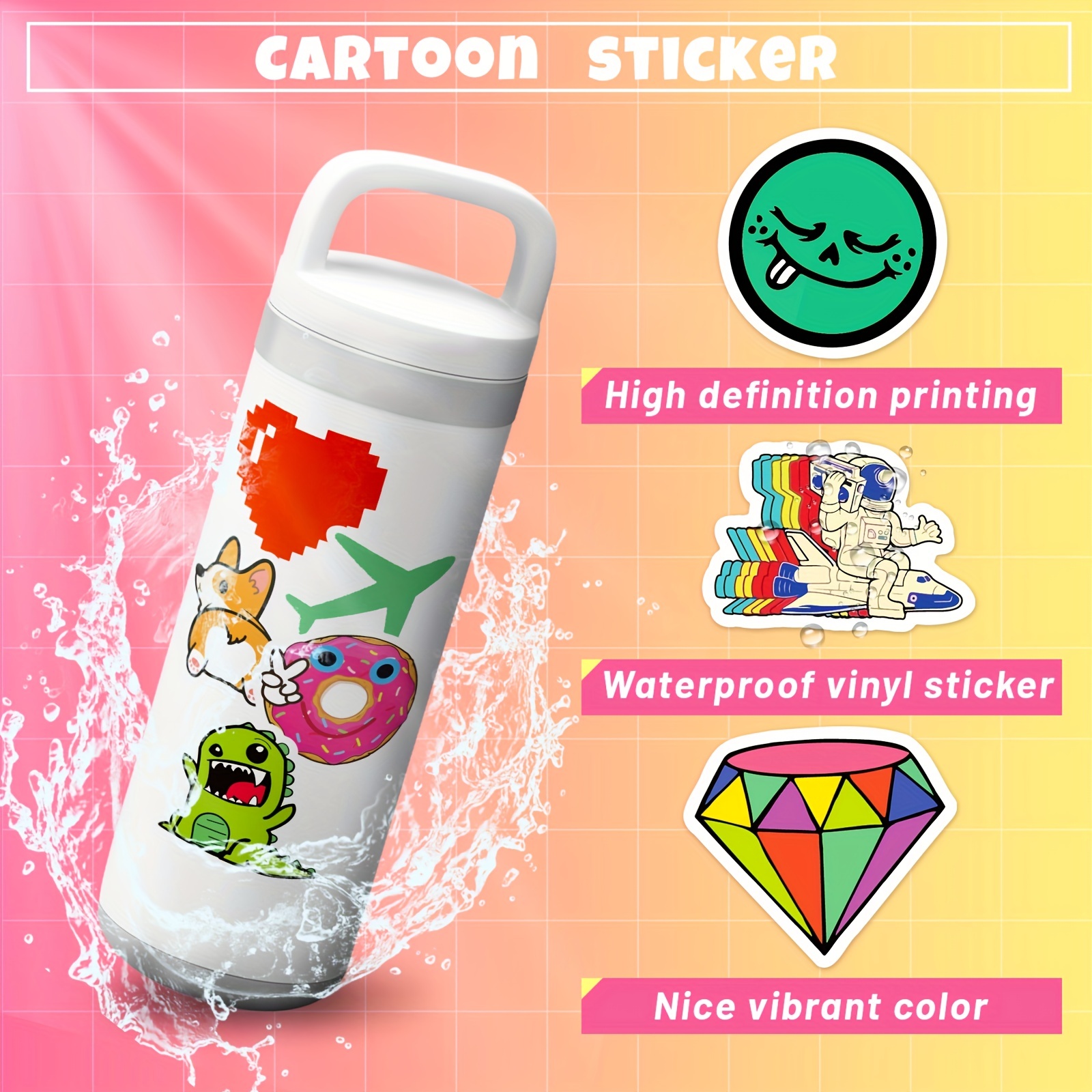 100 Pcs Cute Stickers Vinyl Waterproof Water Bottle for Laptop