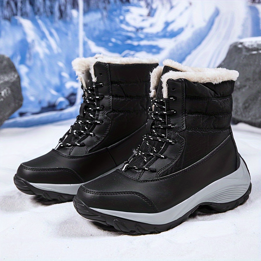 Damen Schneestiefel bis zur Mitte des Oberschenkels Schwarz mit  Kunstpelzbesatz, Schnürung, Einfache Zehenpartie, Gummisohle, Bequeme  Winter-Schuhe