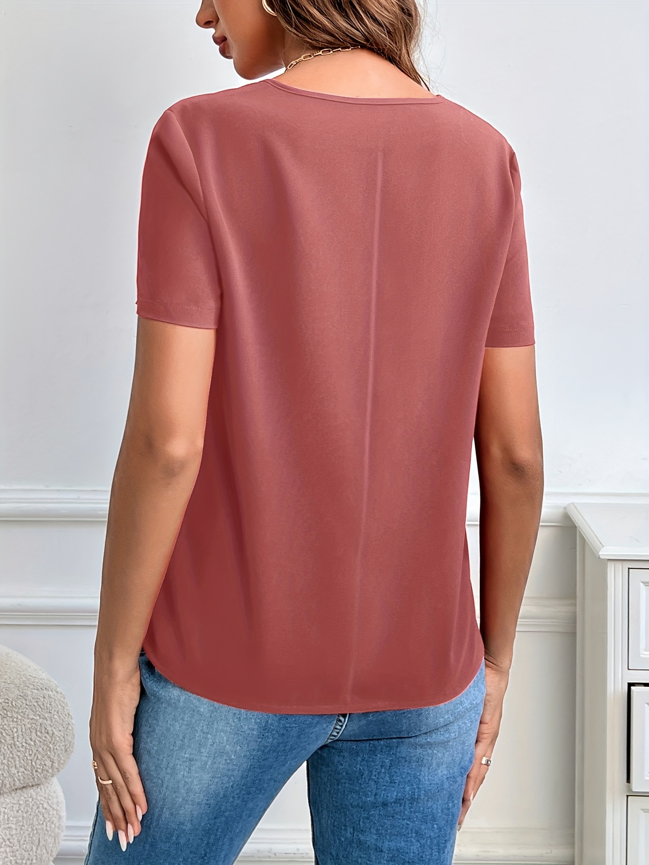 Blusa lisa com decote chanfrado blusa casual de manga curta - Temu Portugal