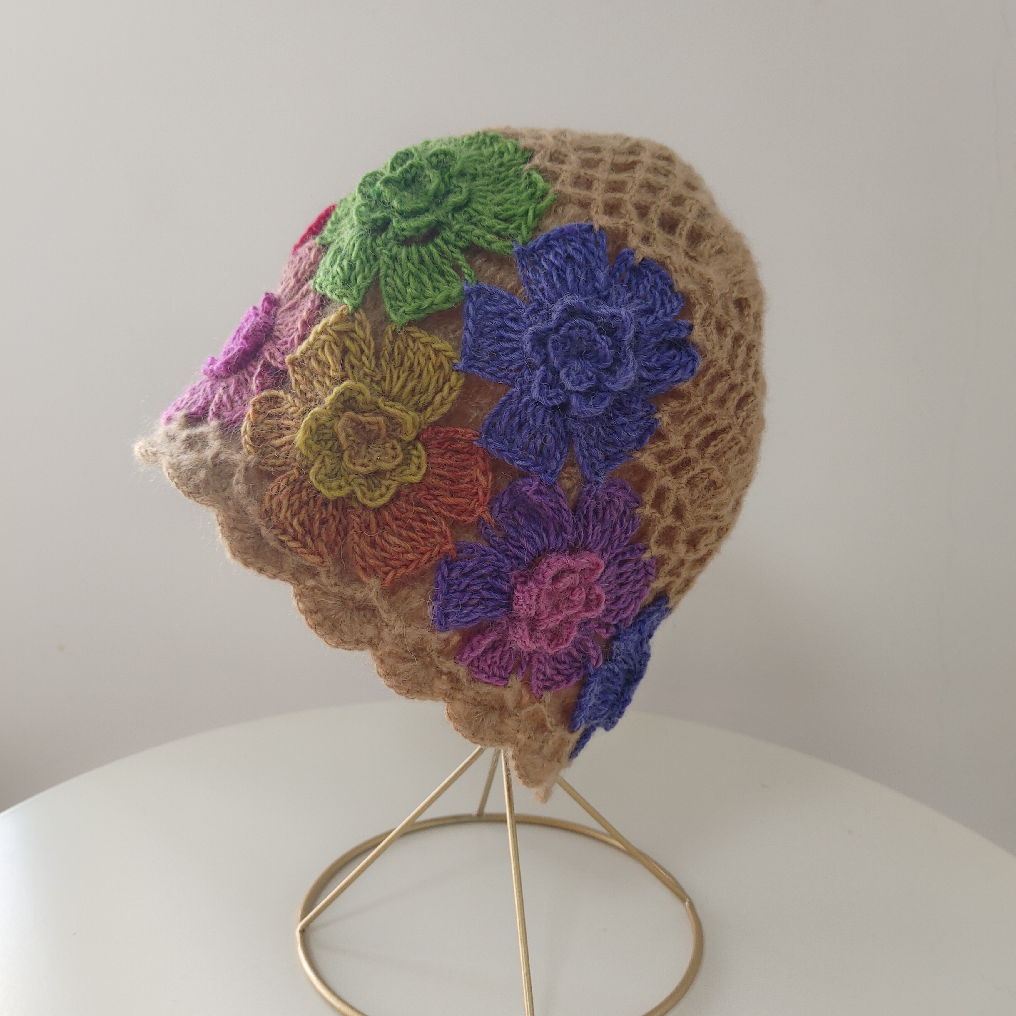 Vintage Flower Crochet Beanie Double Layer Color Block Skull