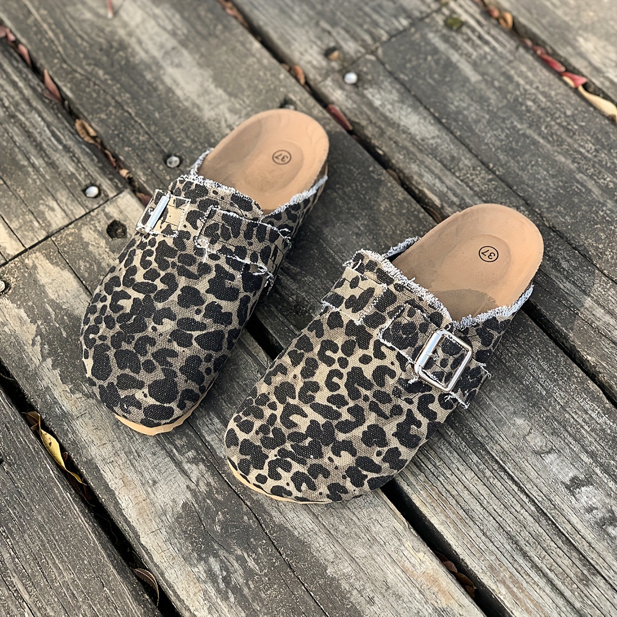 Women's Retro Leopard Print Cork Mules, Casual Closed Toe Slip On Flat  Shoes, Buckle Strap Outdoor Slide Shoes