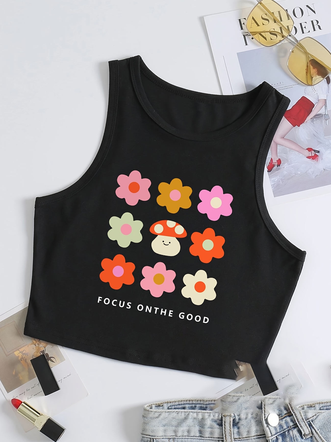 Flower Print Cute Crop Tank Top, Sleeveless Crew Neck Casual Top