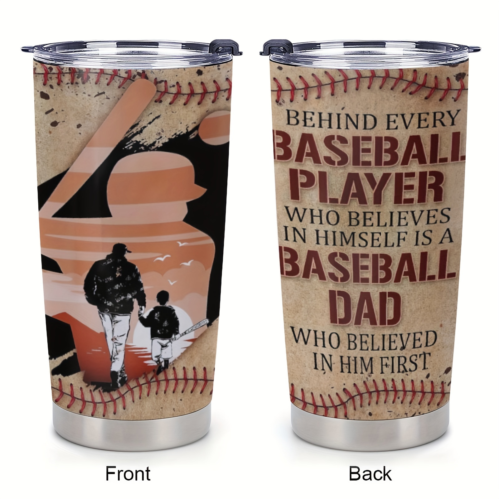 

20oz Stainless Steel Baseball Dad With Lid - Perfect Gift For Sports Fathers, 'behind Baseball Player Is A Dad' Coffee Mug