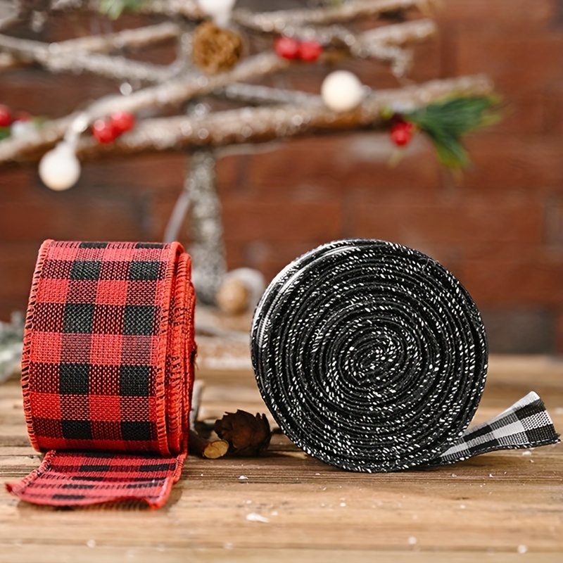 19.6 Yard 2.5 inch Wide Buffalo Plaid Ribbons Wired Edges, 2 Rolls Black  and White Checkered Ribbon for Christmas Tree Gift Decorations