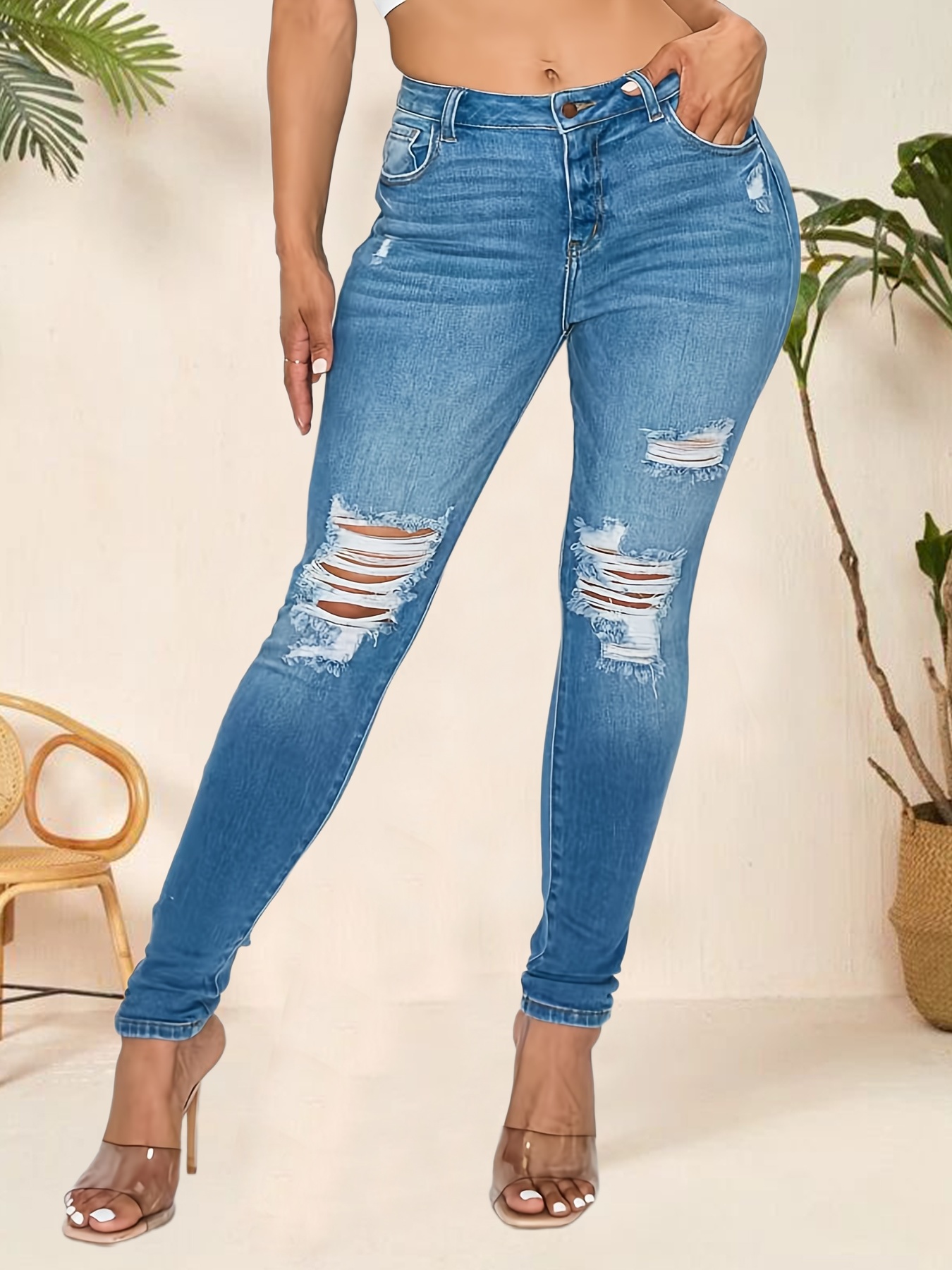 Jeans ajustados con pierna rasgada de tiro alto, pantalones de mezclilla  ajustados elásticos con relieve de ondulación de agua de cintura alta, jeans