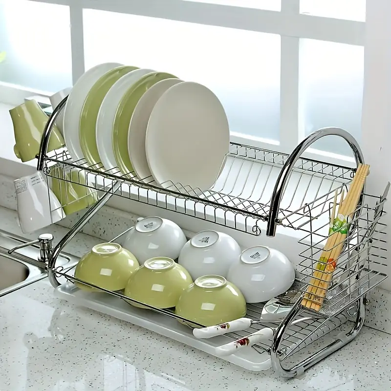 2-tier Rust-proof Dish Drying Rack With Knife Holder, Cutting