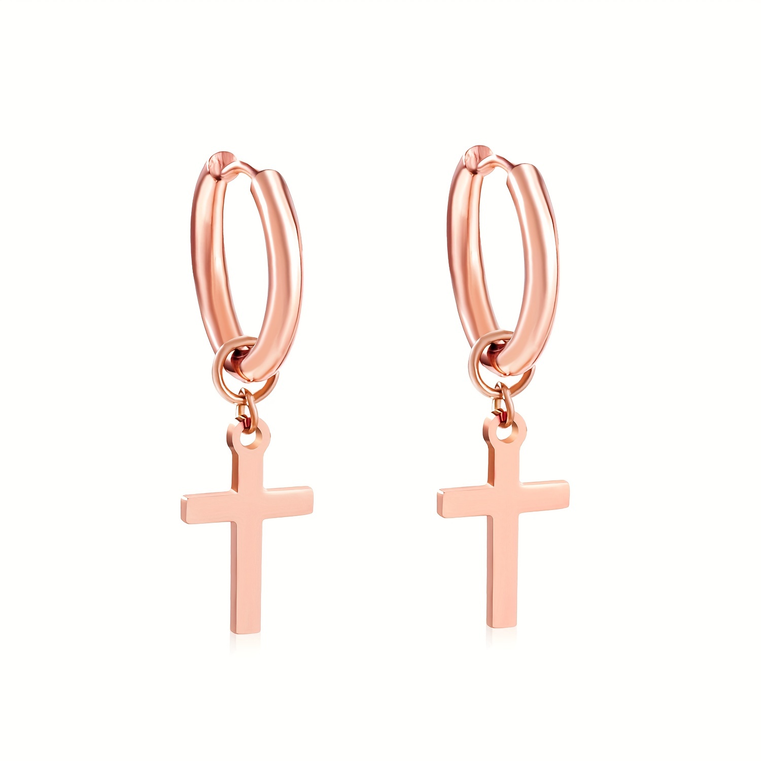 Golden Glossy Cross Decor Hoop Earrings, 18K Plated