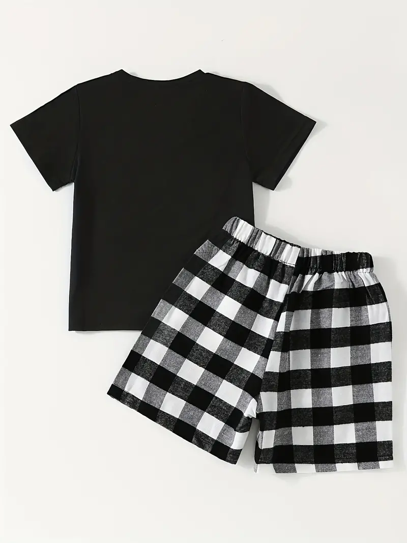 girls 2pcs t shirt shorts set cherish now bear print short sleeve top plaid pattern casual outfits kids clothes for summer details 0