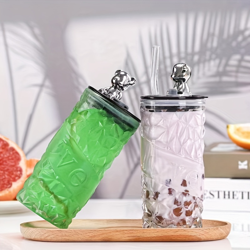Bear Tumbler With Lid And Straw, Geometric Glass Water Bottle, Stylish  Clear Water Cups, Summer Winter Drinkware, Travel Accessories - Temu