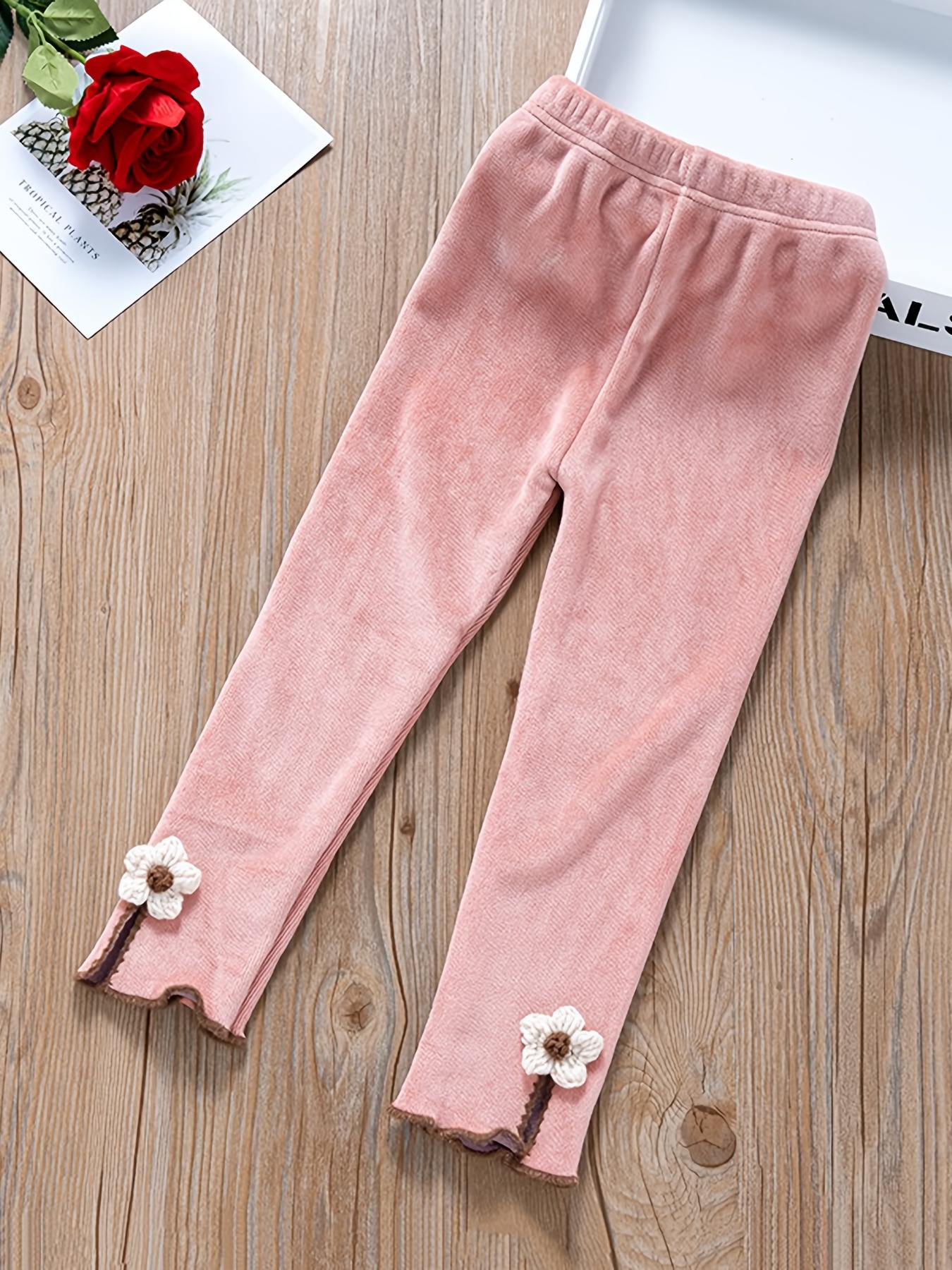 Girls Casual Fleece Thermal Flower Decoration Leggings - Temu