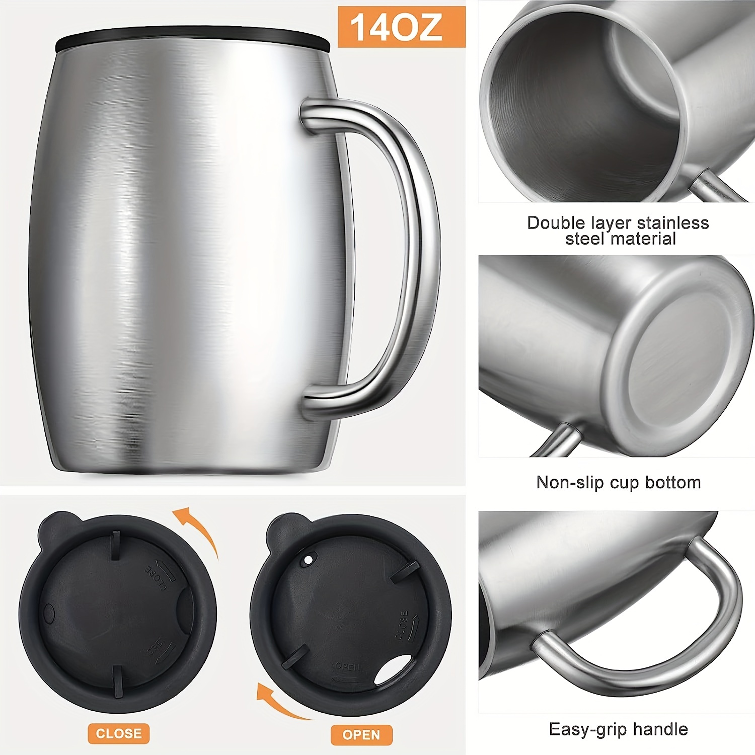 Double Walled Stainless Steel Coffee Mug With Lid & Handle