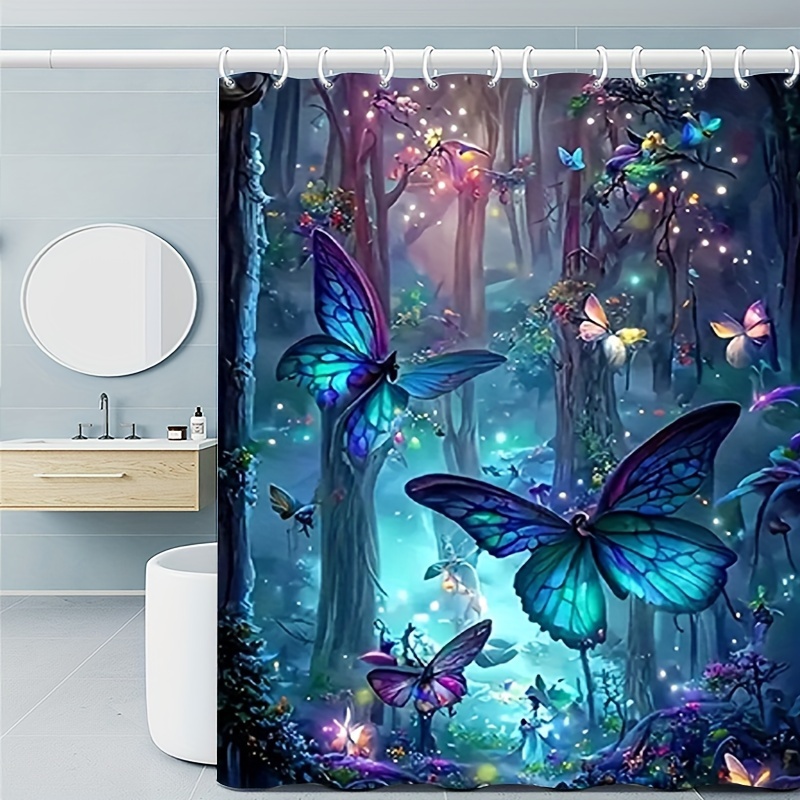

1pc Forest Butterfly Pattern Shower Curtain, Waterproof Bathroom Curtain Including Hooks, Bathtub Partition, Bathroom Decoration Accessories