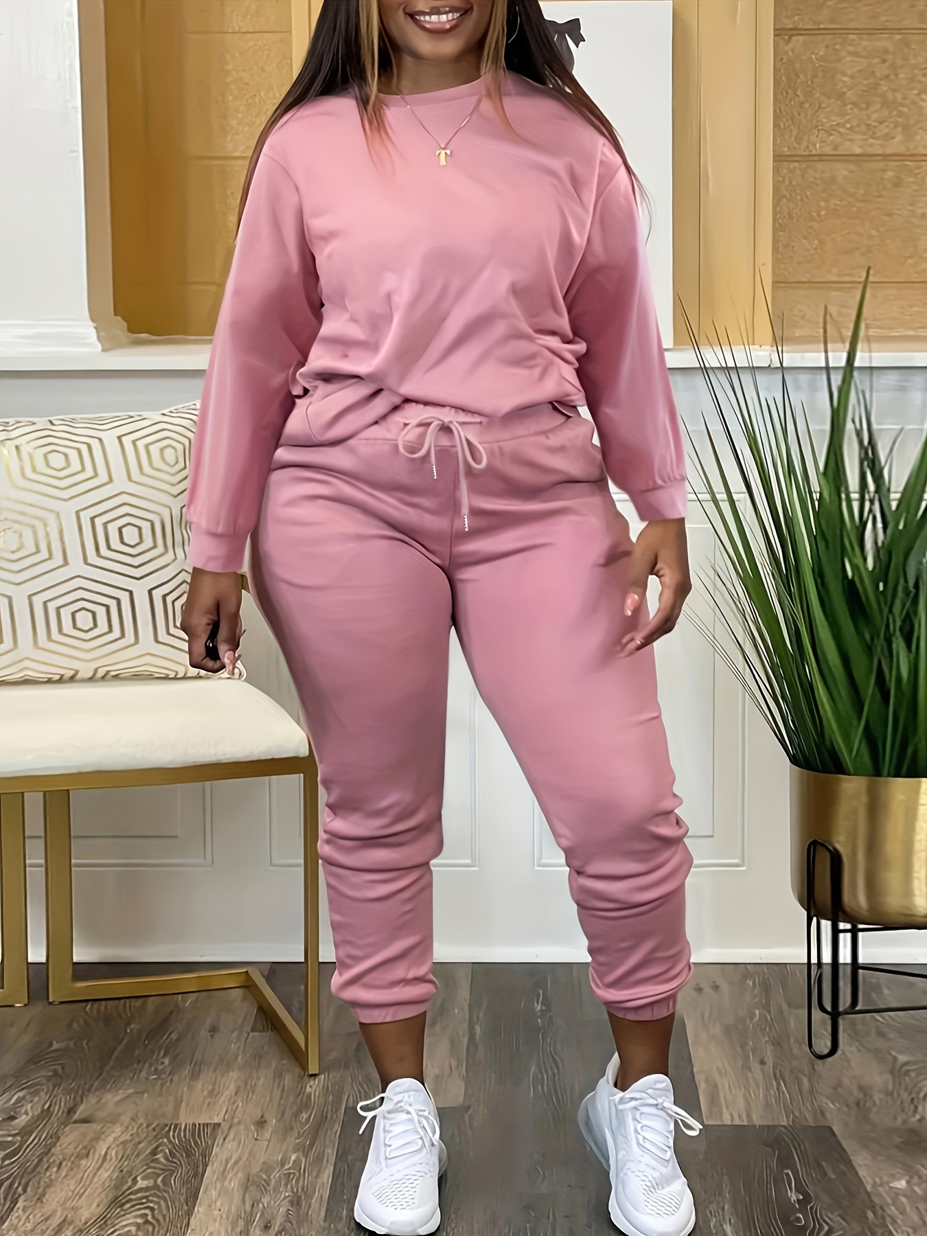 Plus Size Casual Outfits Two Piece Set Women's Plus Solid - Temu