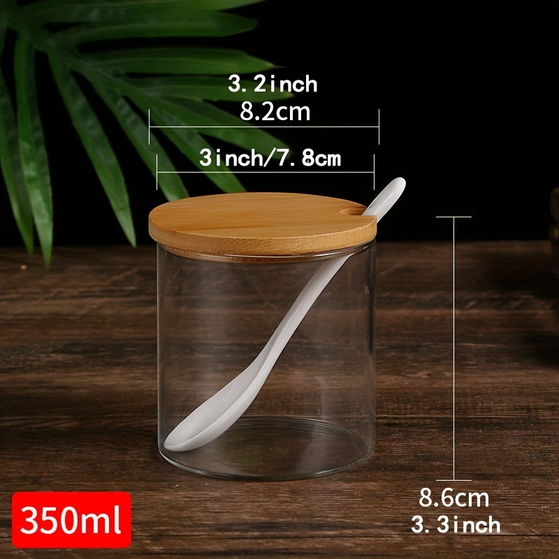 Set of 3 Glass Spice Jars With Bamboo Lids and Spoon on a Bamboo Tray 350ml  