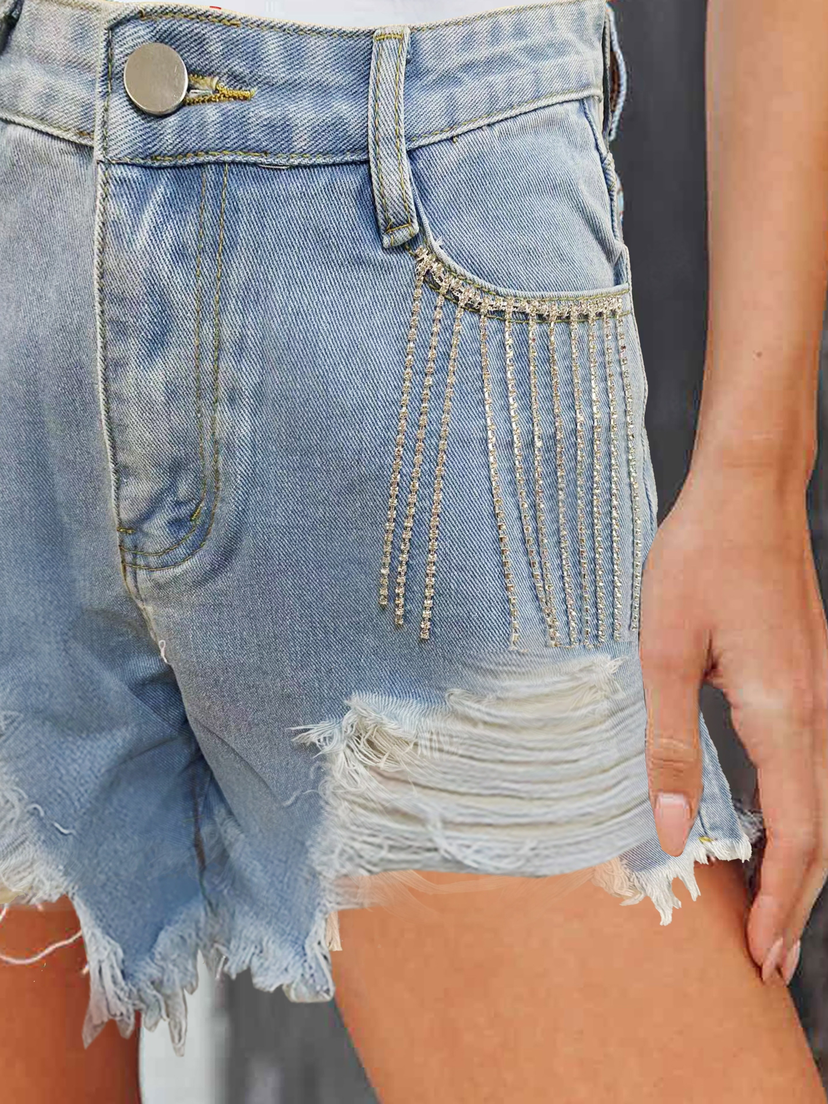 Women Low Waist Denim Shorts Distressed Ripped Tassels Jeans Short