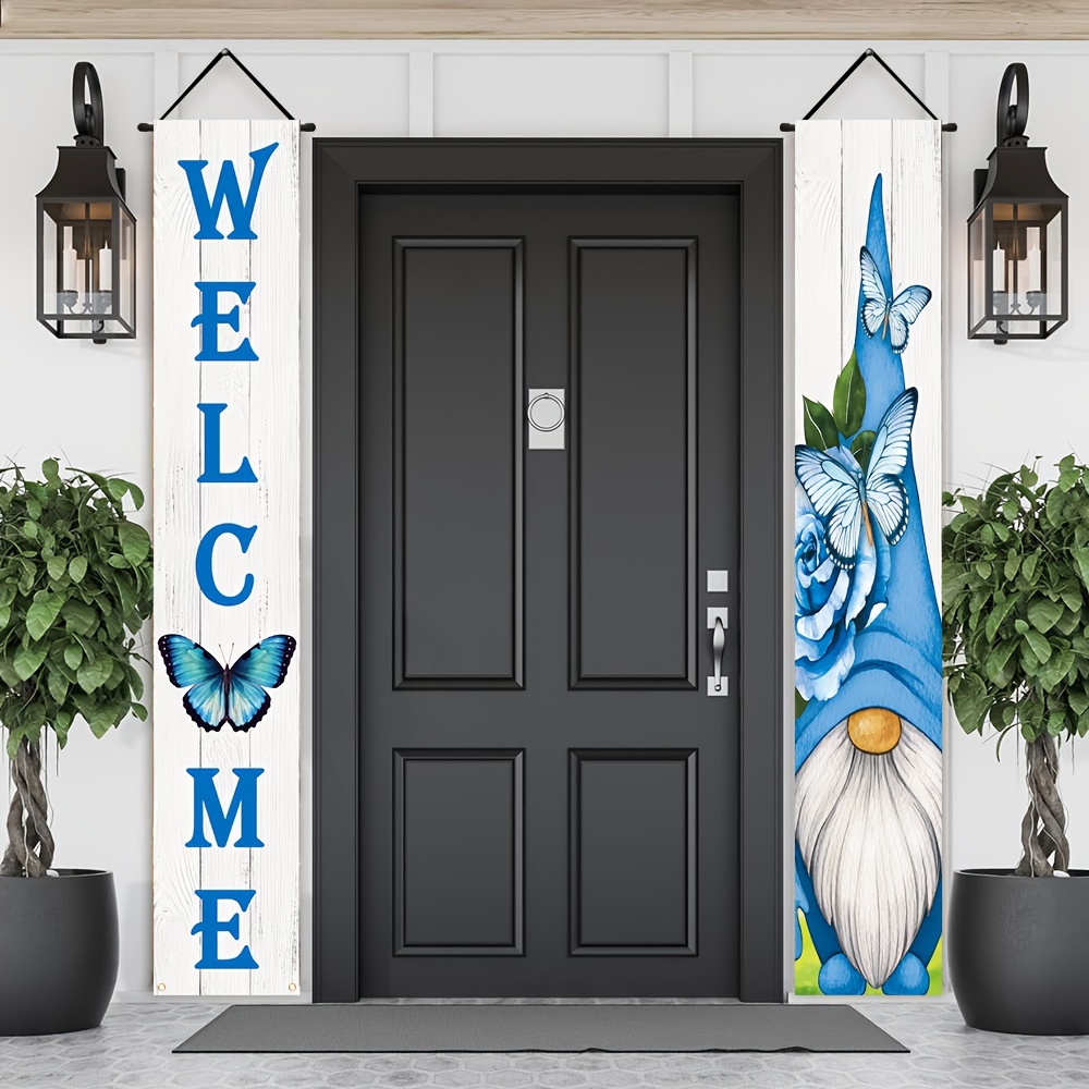 

2pcs, Welcome Spring Front Door Porch Signs, Polyester Gnome Butterfly Theme Patio Outdoor Indoor Party Decoration Hanging Banner 11.8x70.8 Inch
