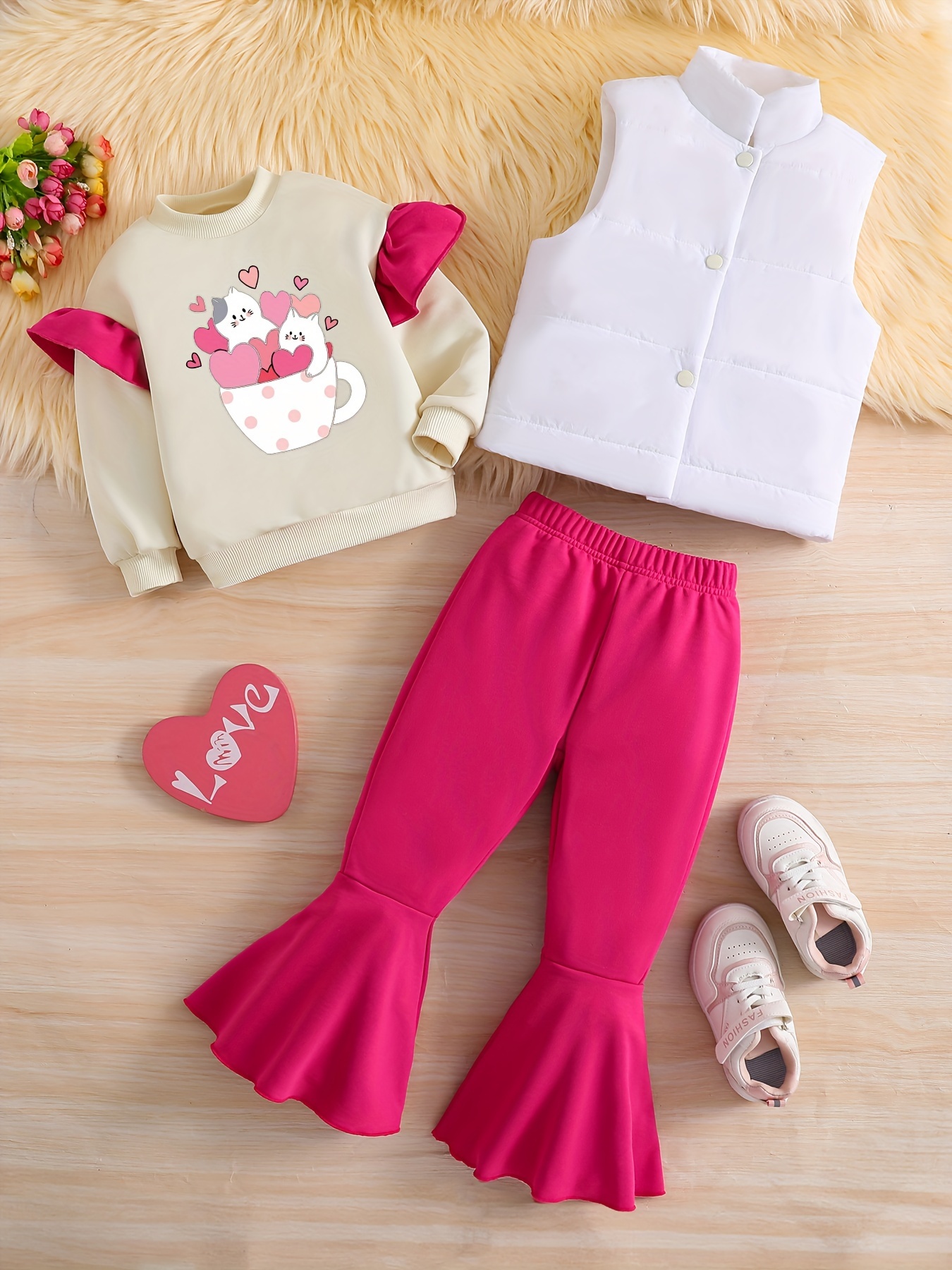 Cute Red Hearts Print Toddler Girls Bell Bottom Jeans Casual - Temu