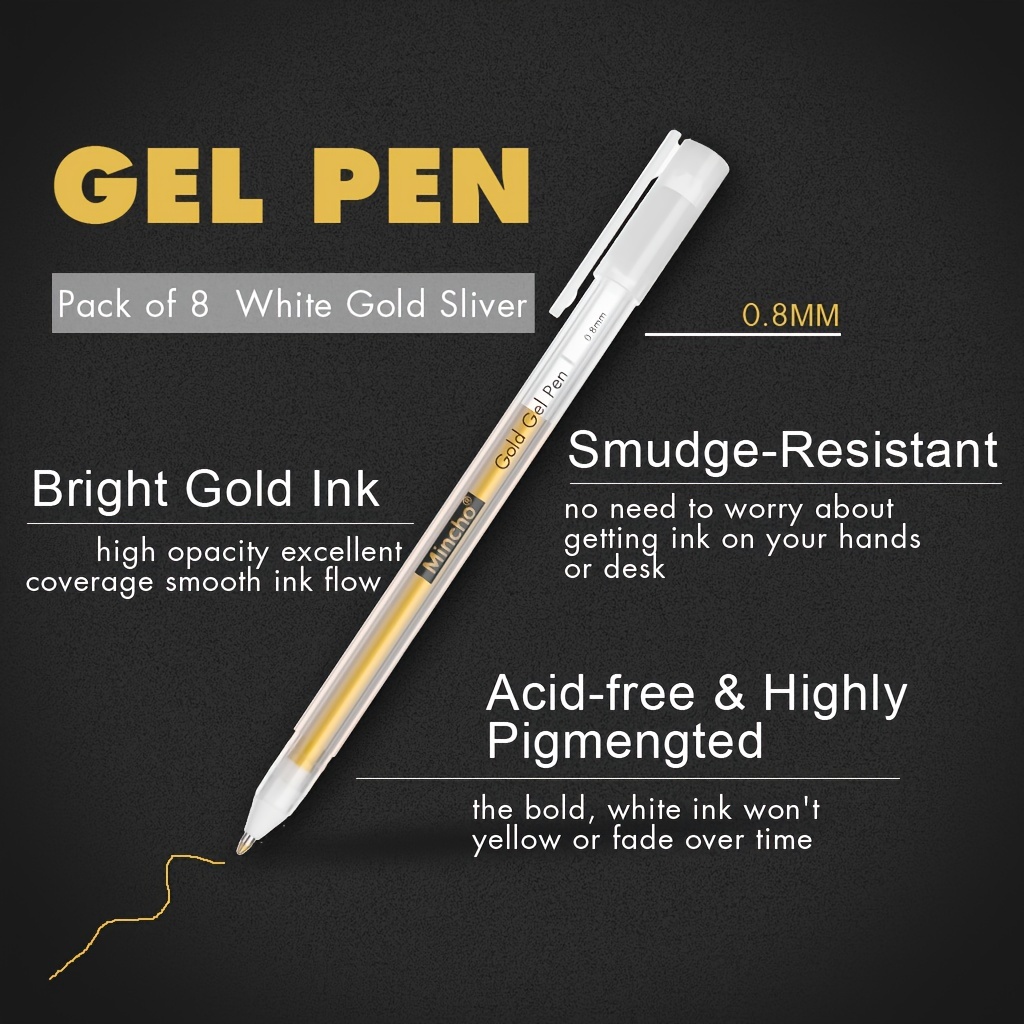 White Pens, 8 Pack, White Gel Pens for Artists, White Gel Pen, White Ink  Pen