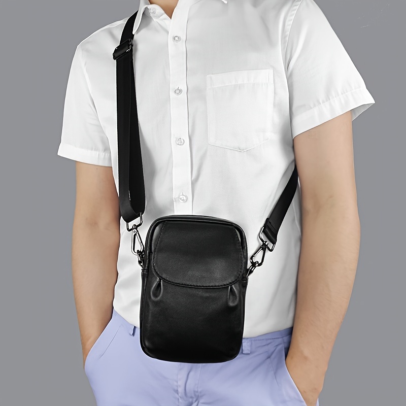 Mens Mini Messenger Bag. Black Leather Shoulder Bag 